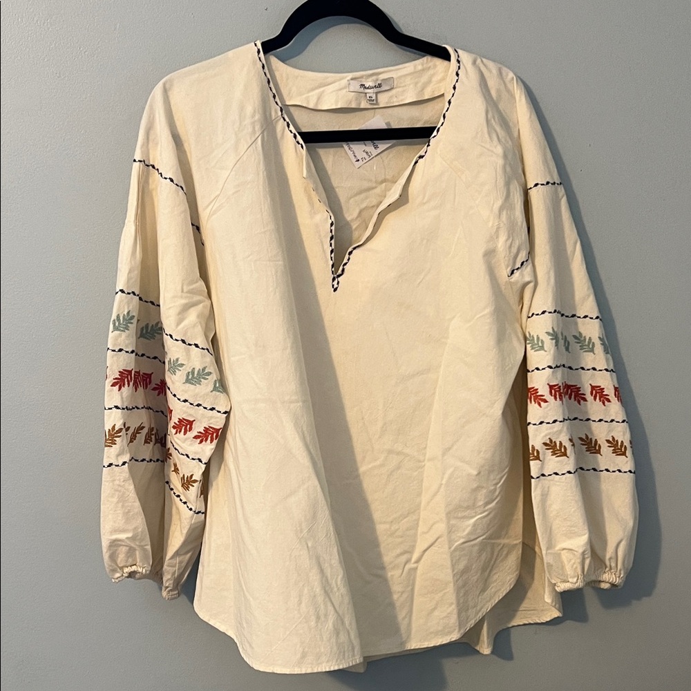 Madewell Cream Blouse with Colorful Embroidery